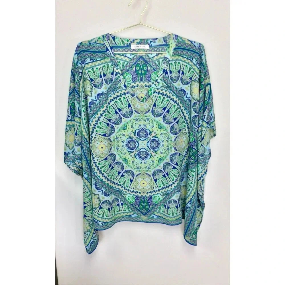 Rose and Olive Womens Blue Green Medallion Print Dolman Tunic Blouse Size Large